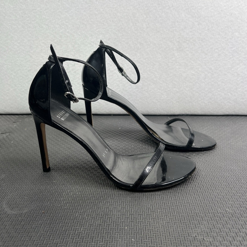Stuart Weitzman Black Patent Nudist Sandals 11.5M Ankle Strap Stiletto Formal - Picture 2 of 16